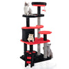 Gothic cat tree in black and red with multiple levels, scratching posts, and a cozy cat bed for playful kittens.