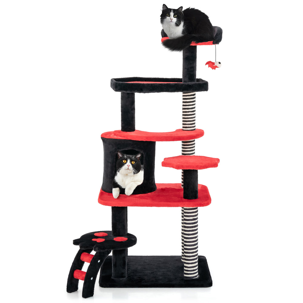 Gothic cat tree in black and red featuring a top perch, cat condo, and sisal scratching posts for playful cats.