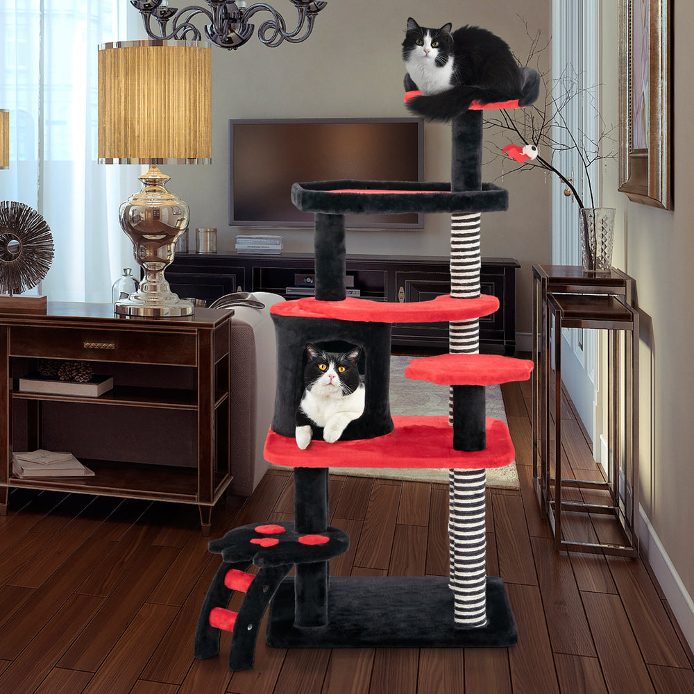 Gothic cat tree in black and red with multiple levels, cat bed, condo, and sisal scratching posts for playful cats.