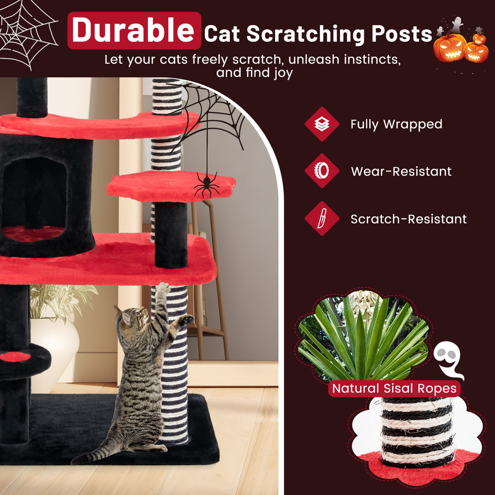 Gothic cat tree in black and red featuring sisal scratching posts, cat bed, and spacious hideaway condo for playful.
