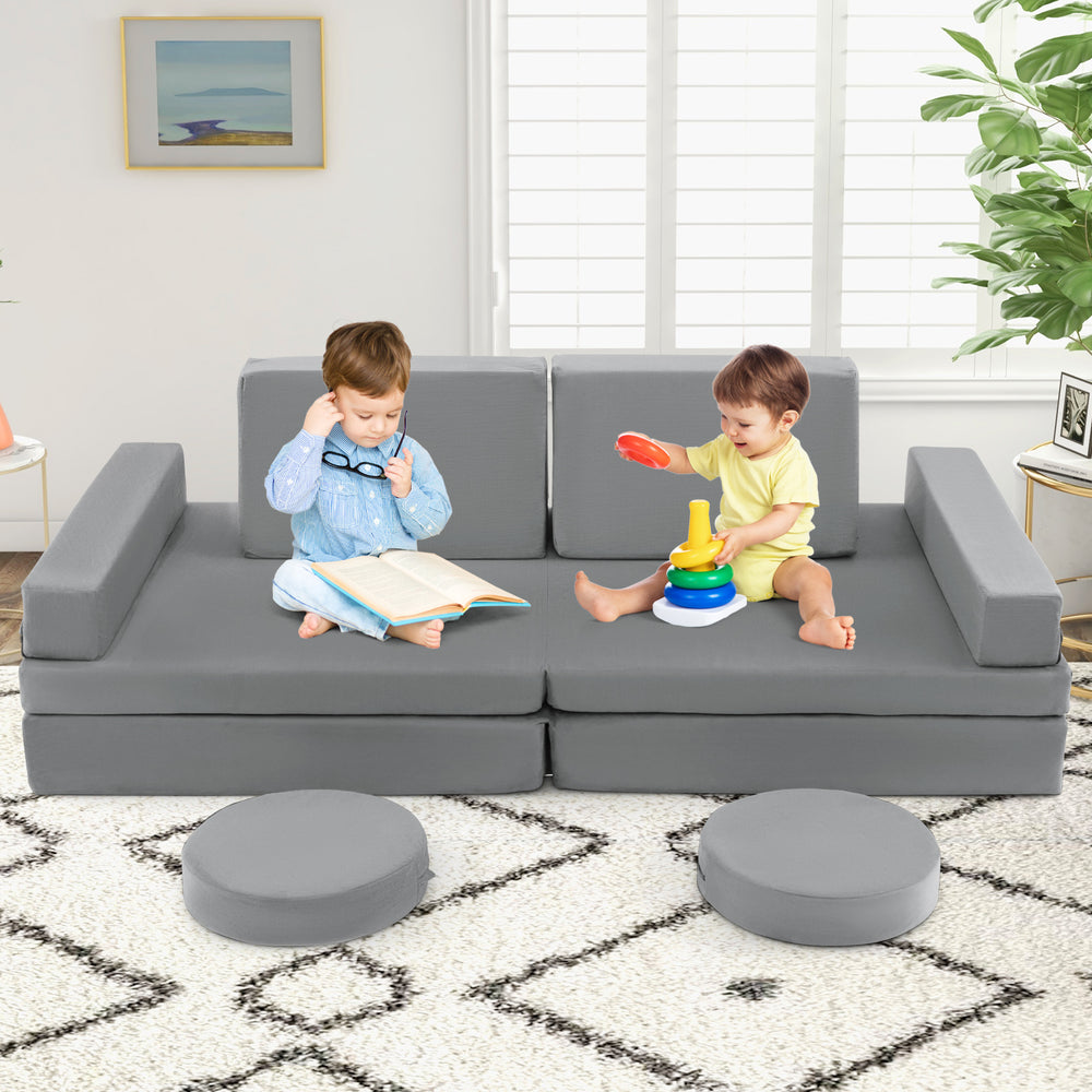 Kids play couch sofa in gray, featuring 10 modular pieces for creativity and imagination, perfect for playtime.