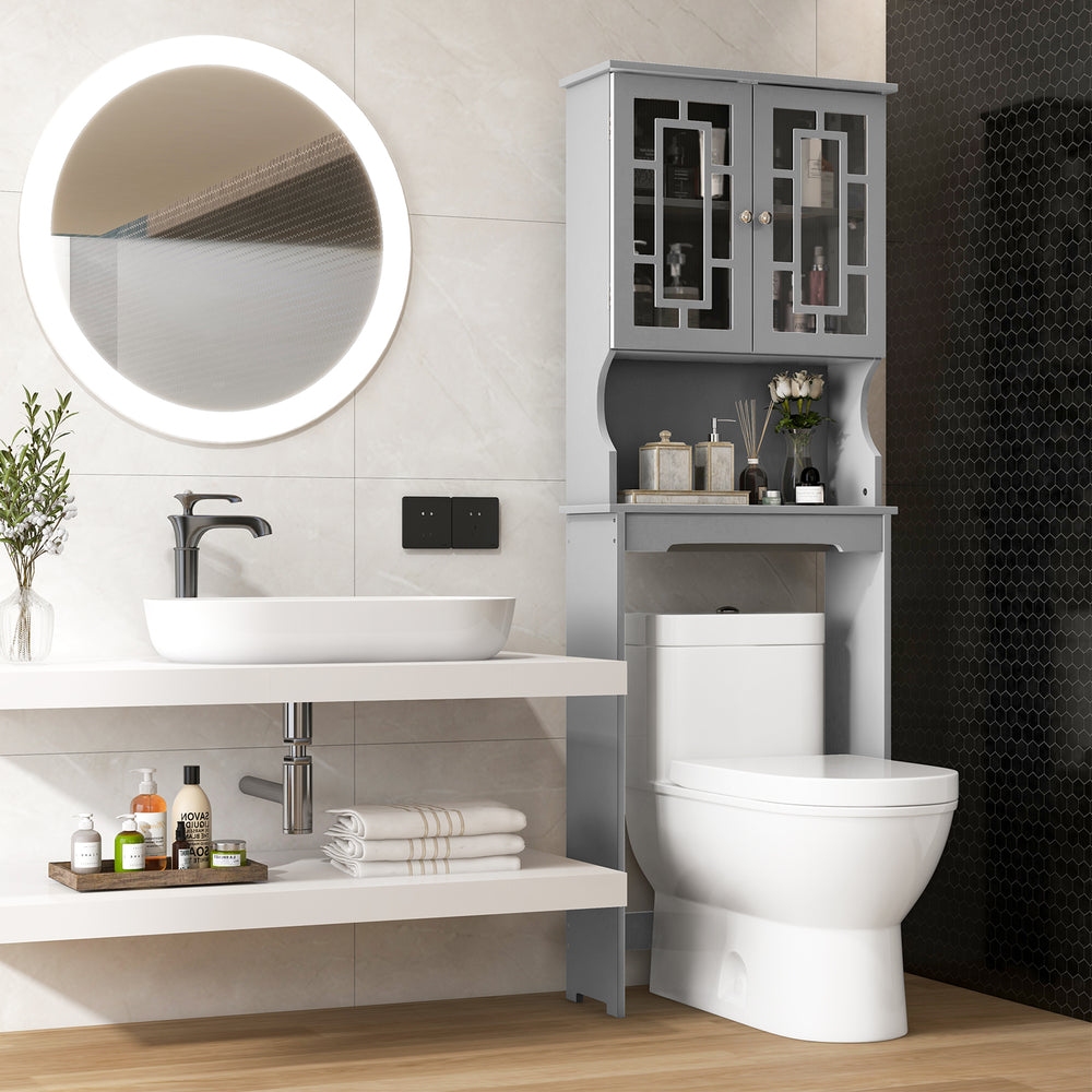 Bathroom spacesaver organizer in gray with a spacious open shelf, perfect for displaying toiletries and enhancing.