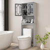 Bathroom spacesaver organizer in gray with adjustable shelf, featuring a hidden cabinet and open storage for toiletries.