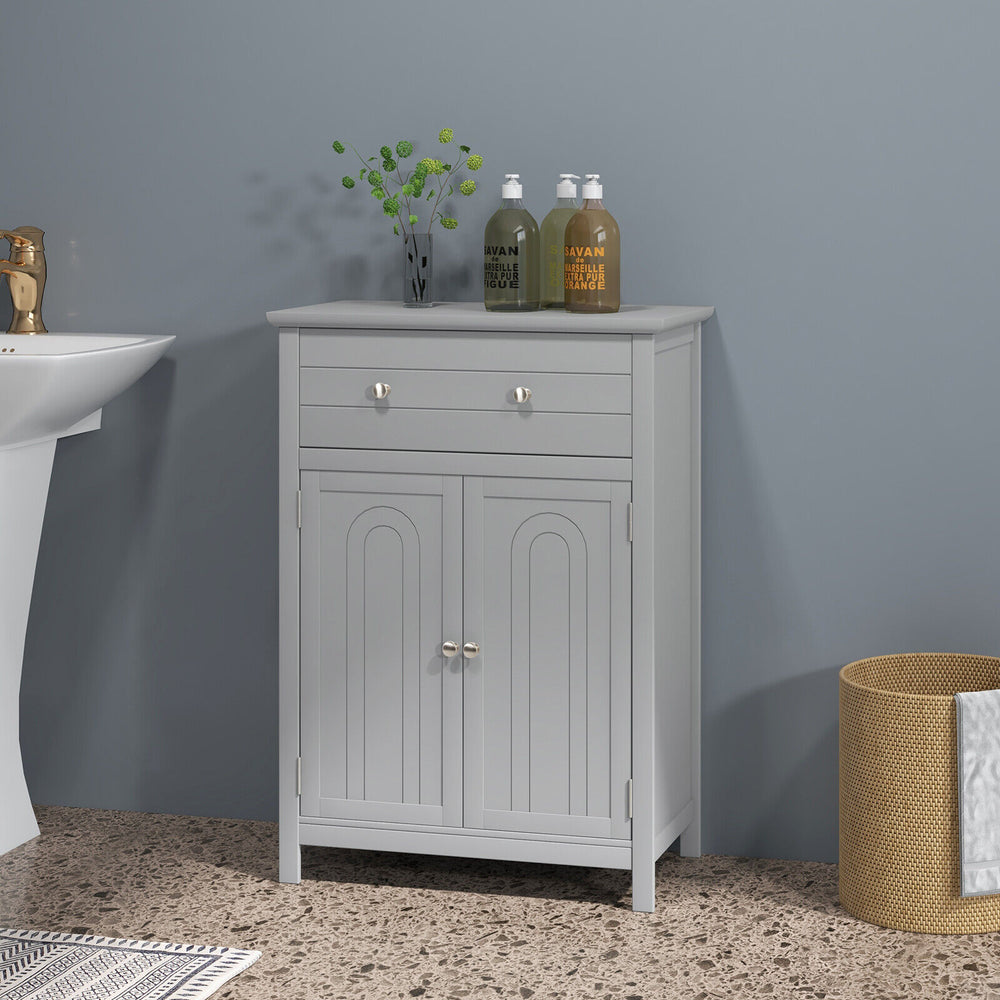 Wooden Bathroom Floor Cabinet with Drawer and Adjustable Shelf-Gray - Gallery View 1 of 10