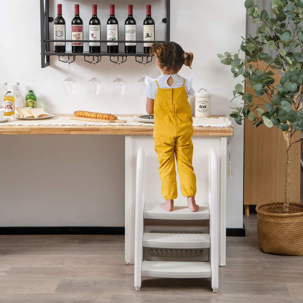 3-step gray stool with safety handles, non-slip pedals, ideal for toddlers reaching kitchen counters and more.