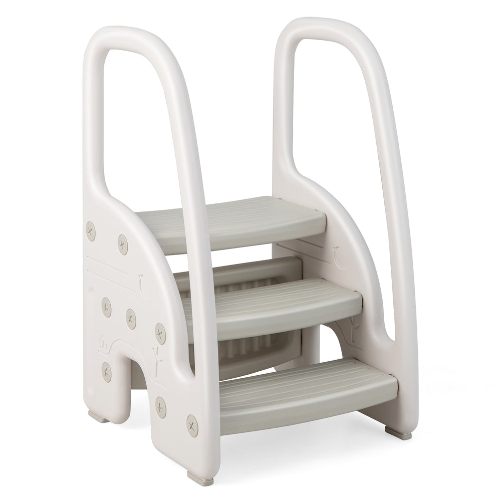 3-step stool in gray with safety handles and non-slip pedals, ideal for toddlers and versatile for various uses.