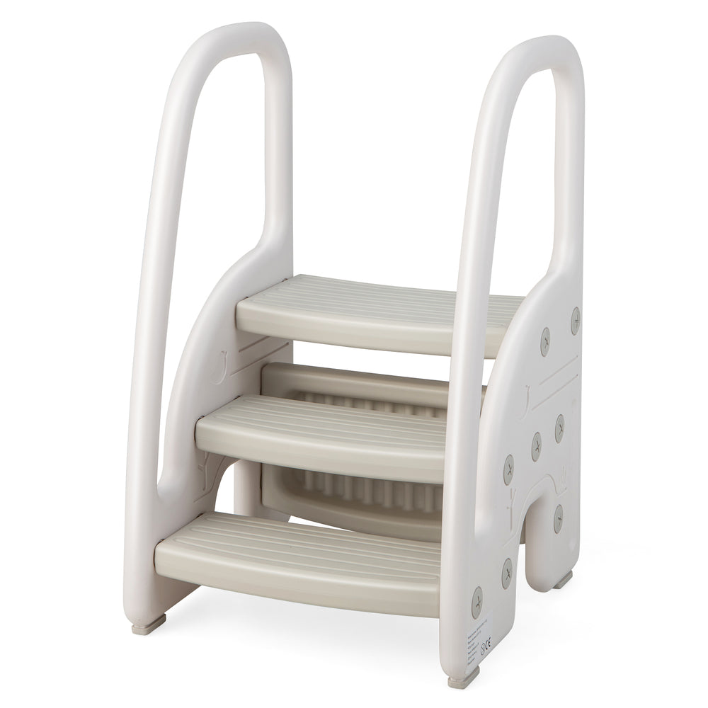 Gray 3-step stool featuring removable top pedal and wide non-slip pedals, perfect for toddlers’ height adjustments and.