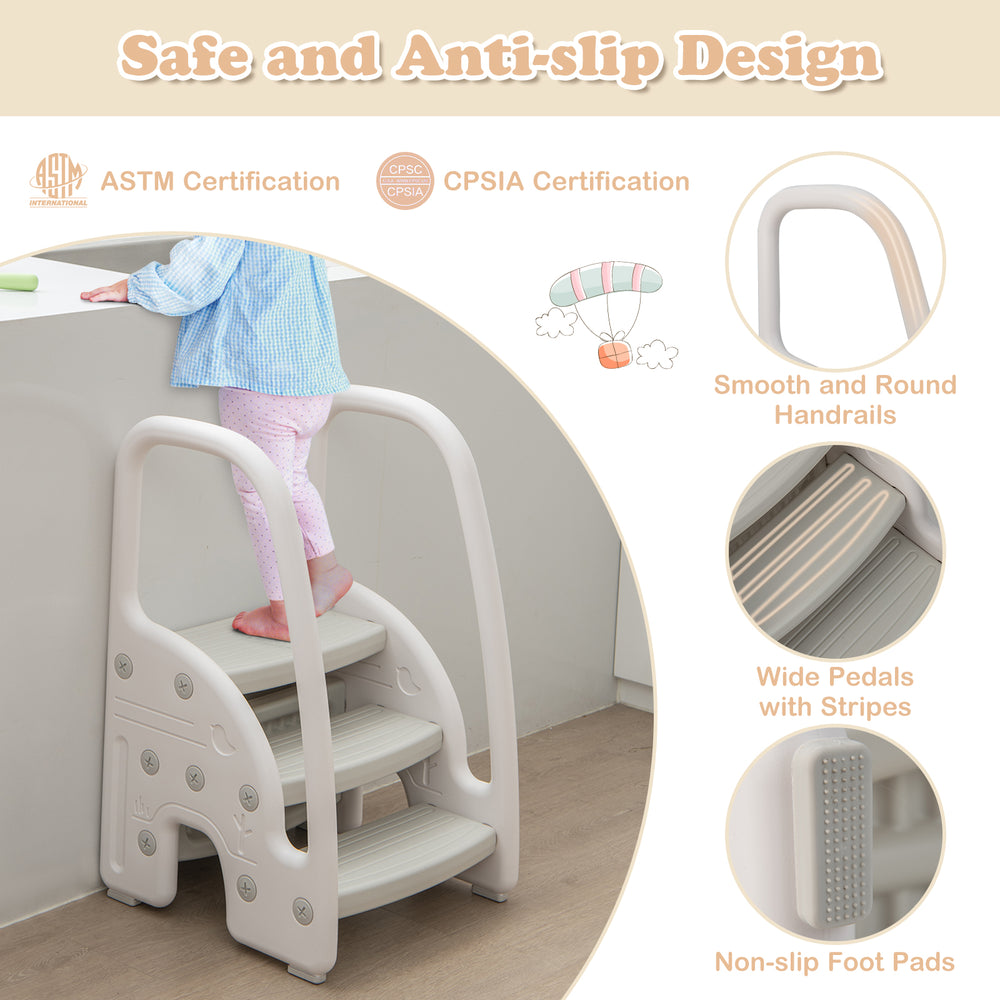 3-step stool for toddlers in gray with safety handles, non-slip pedals, ideal for kitchen and potty training use.