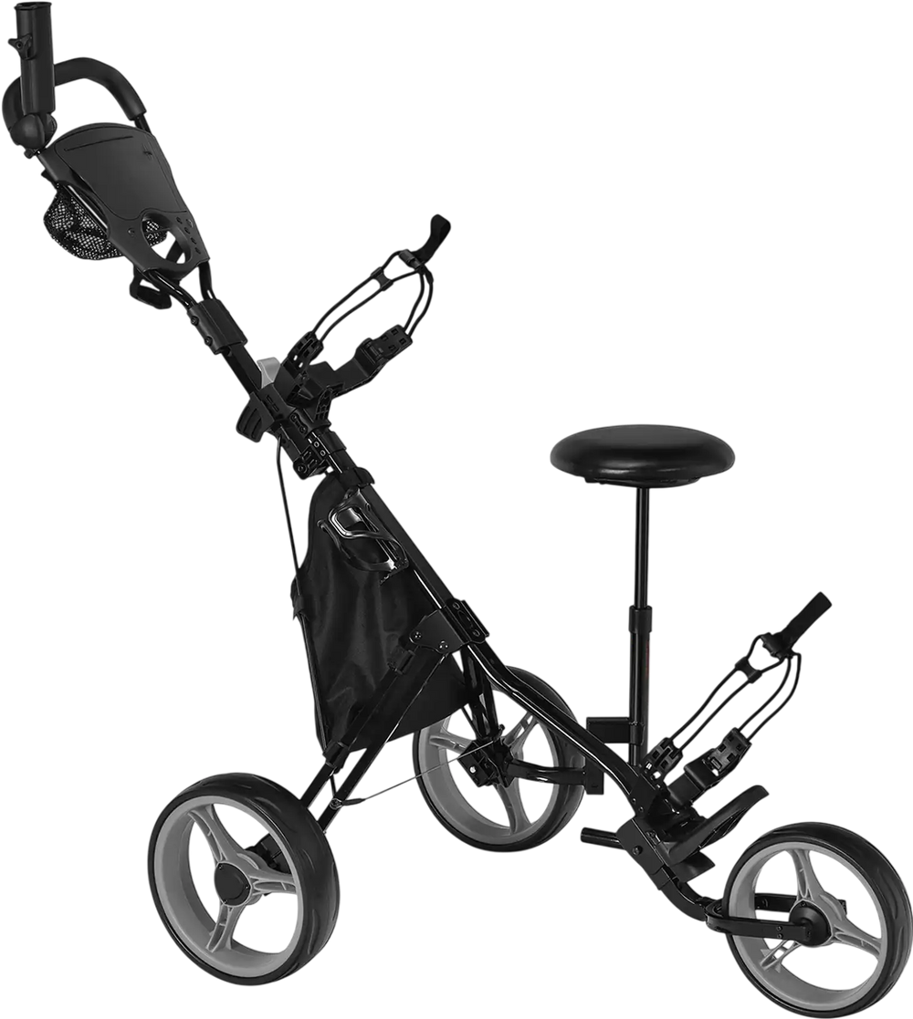 3-wheel folding golf push cart with adjustable handle and seat, featuring a sturdy steel frame and large storage bag.