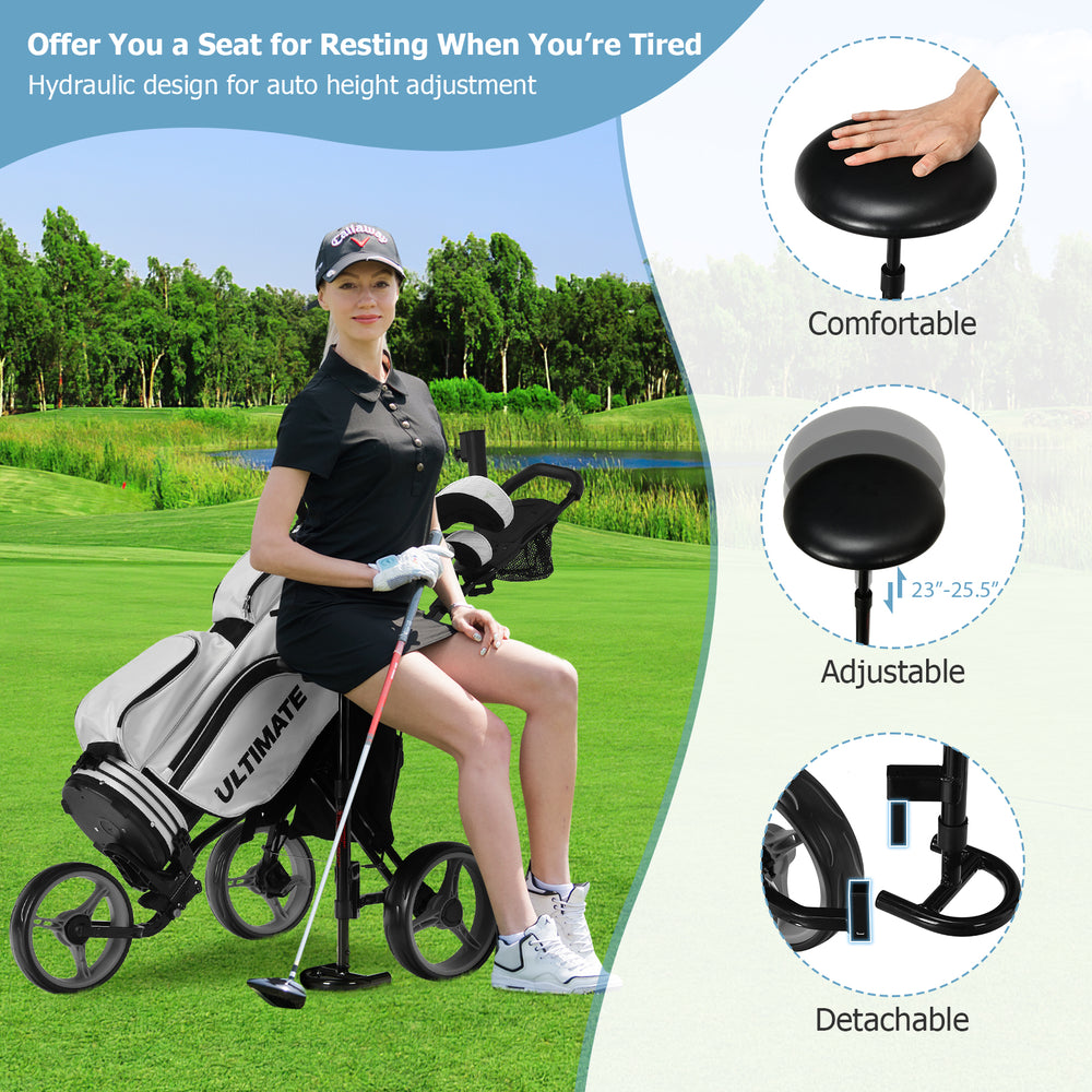 Folding golf push cart with adjustable seat, sturdy steel frame, and large wheels for easy maneuverability on the.
