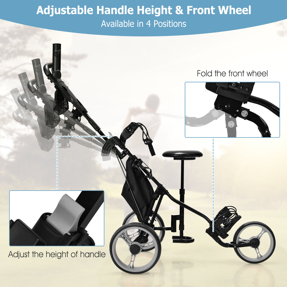 Side view of the 3 wheels folding golf push cart showcasing the large rear wheels and adjustable handle for optimal.