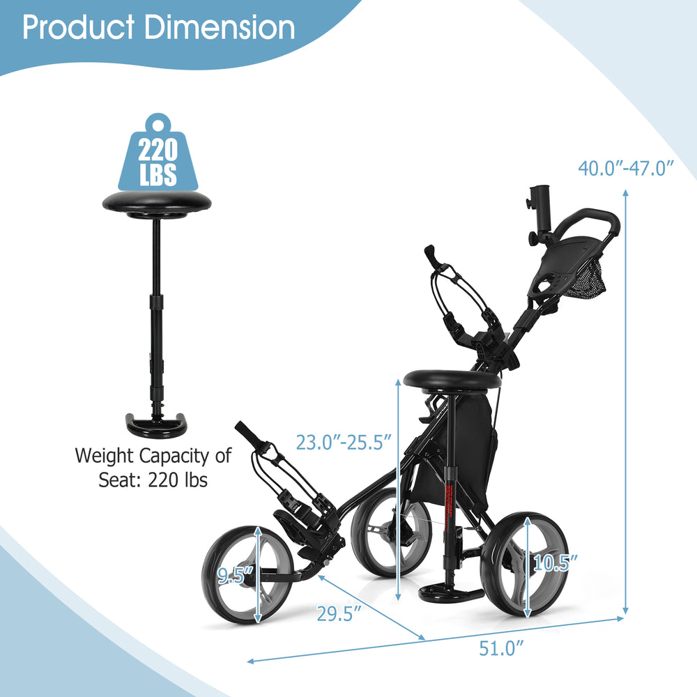 3-wheel folding golf push cart with adjustable seat, sturdy steel frame, and large storage bag for easy maneuverability.