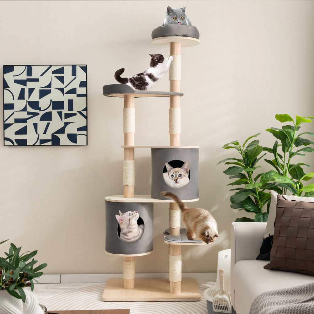 6-Tier Wooden Cat Tree with 2 Removeable Condos Platforms and Perch-Gray - Gallery View 1 of 10