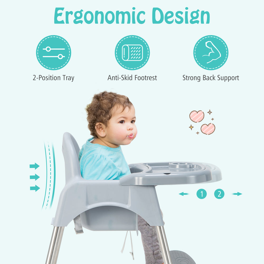 Convertible baby high chair in gray with removable double tray, strong back support, and anti-skid footrest for safety.
