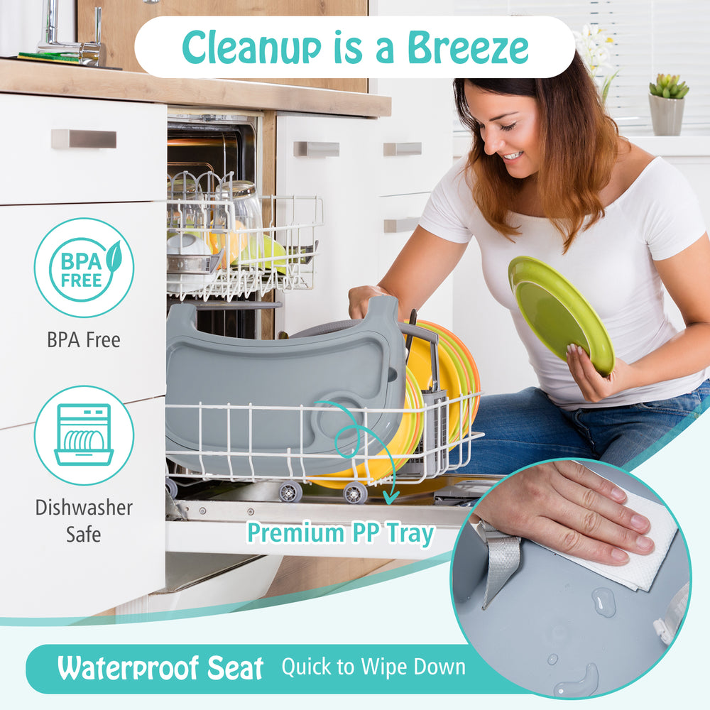Gray 4-in-1 convertible baby high chair with removable double tray, waterproof seat, and safety harness for easy.