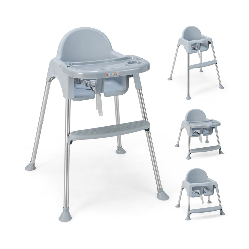 Convertible baby high chair in gray with removable double tray, safety harness, and stable pyramid structure for.