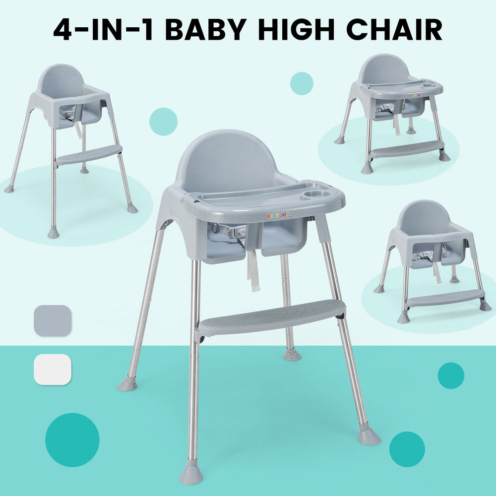 Gray 4-in-1 convertible baby high chair with removable double tray, featuring safety harness and anti-skid backrest.