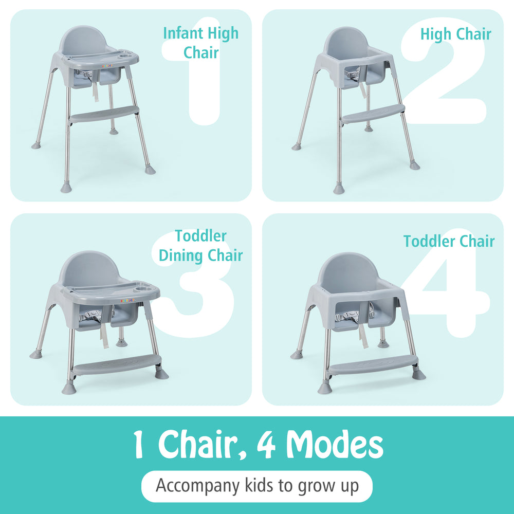 4-in-1 convertible baby high chair in gray, shown in multiple modes with removable double tray for versatile use.