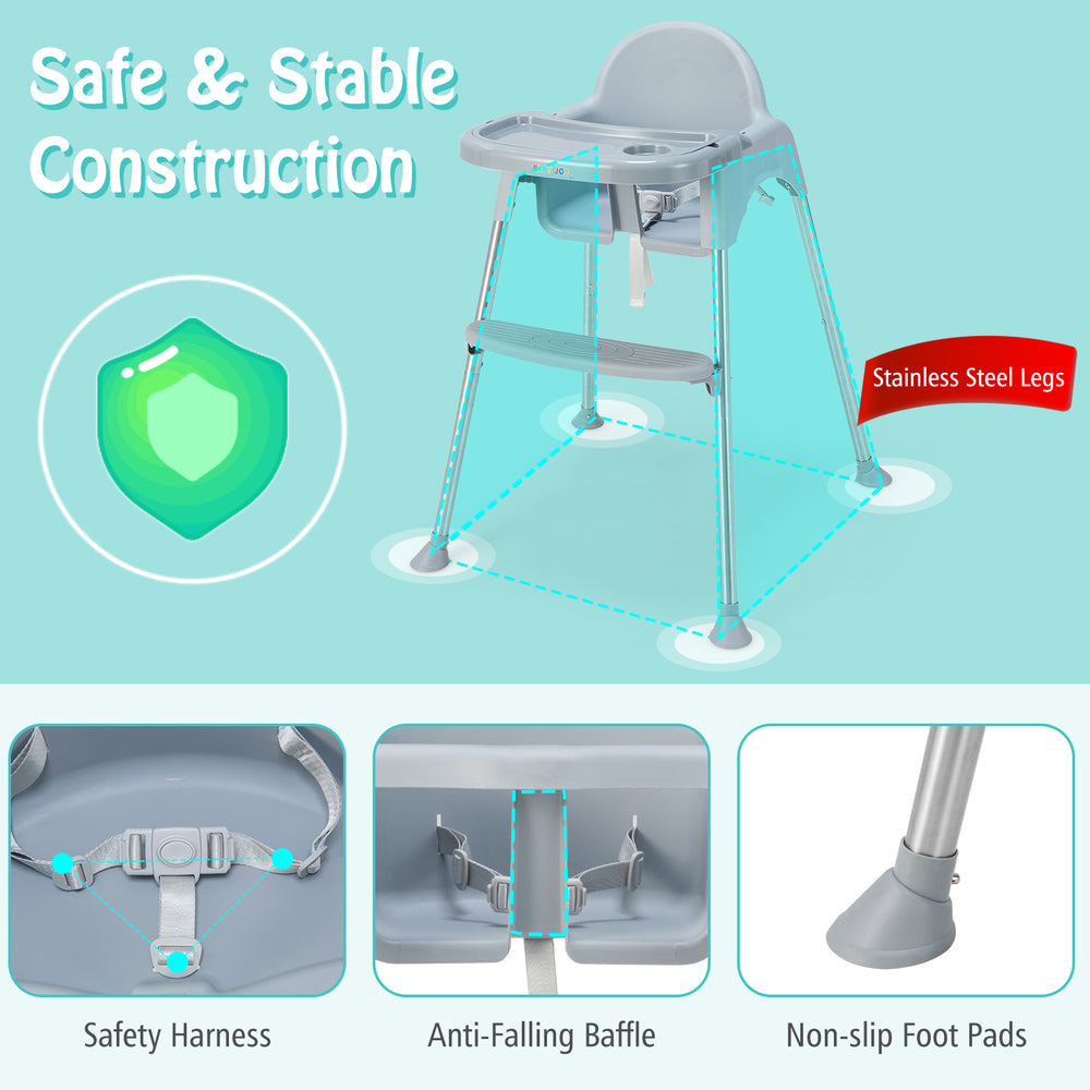 Convertible baby high chair in gray with stainless steel legs, featuring safety harness, anti-falling baffle, and.