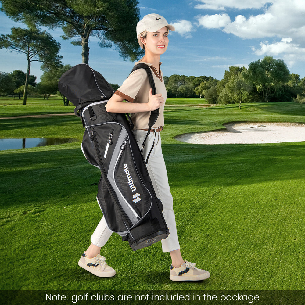 Golf cart bag with 14-way top dividers in gray, featuring multiple pockets and dual straps for easy carrying on the.