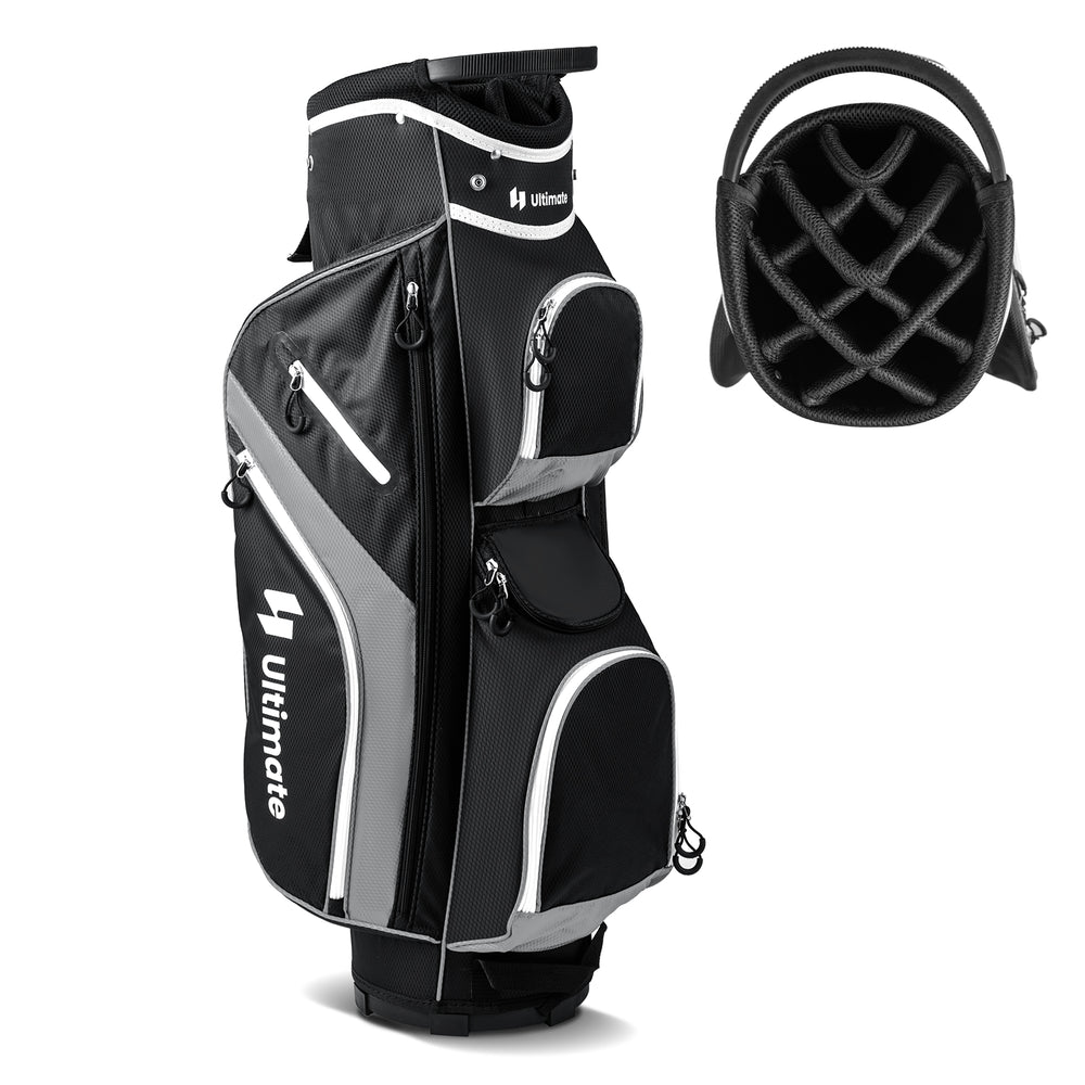Golf cart bag in gray with 14-way top dividers, 9 zippered pockets, and integrated handles for easy transport.