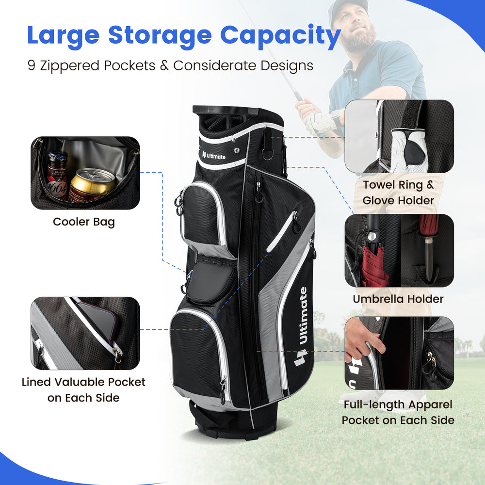 Golf cart bag in gray with 14-way top dividers and 9 zippered pockets for organized golfing equipment.