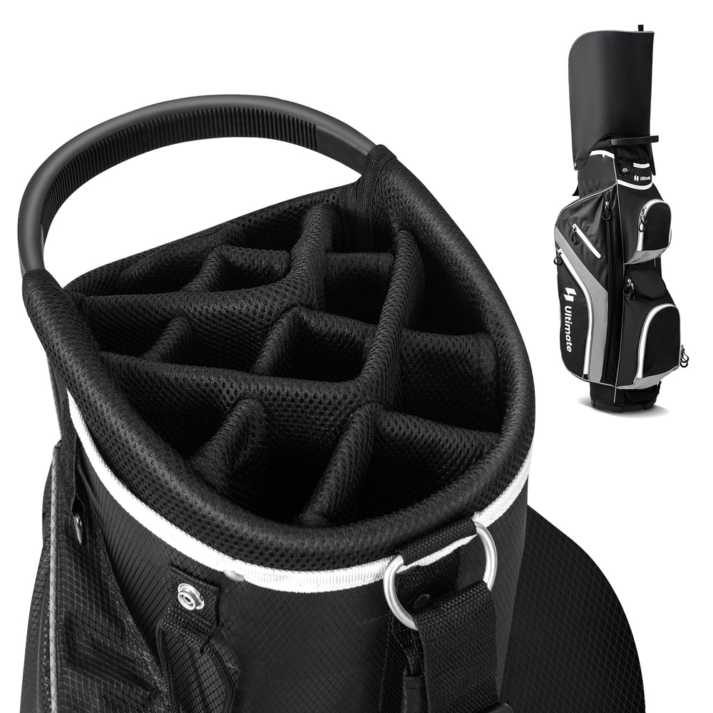 Golf cart bag featuring 14-way top dividers, gray polyester fabric, and multiple zippered pockets for organized storage.