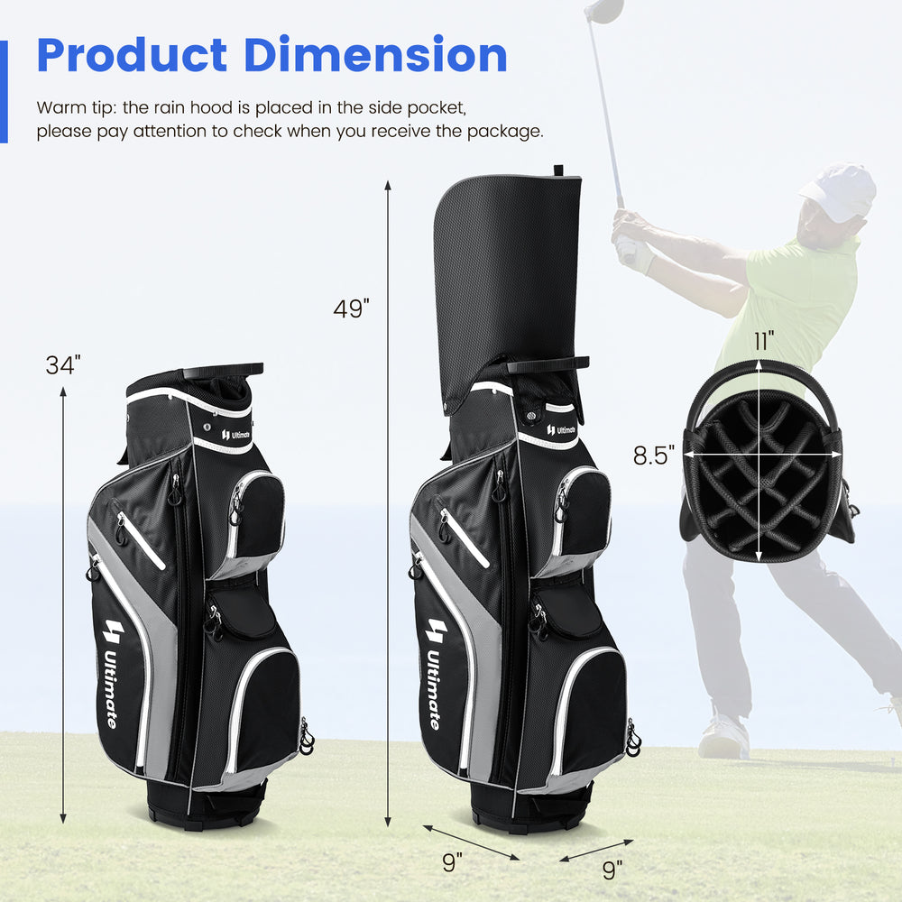 Golf cart bag with 14-way top dividers, featuring 9 zippered pockets and rain hood for organized golfing gear.