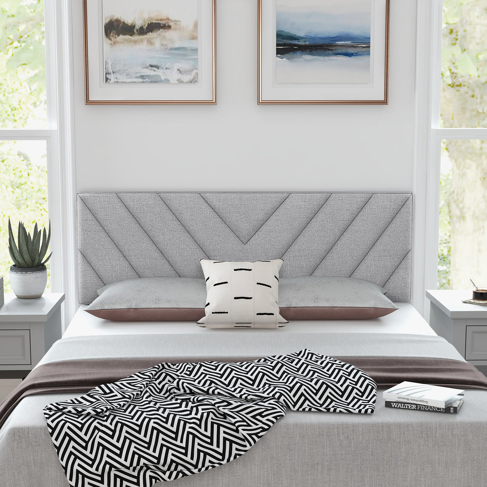 Gray linen upholstered headboard with chevron design, padded for comfort, suitable for full and queen size bed frames.