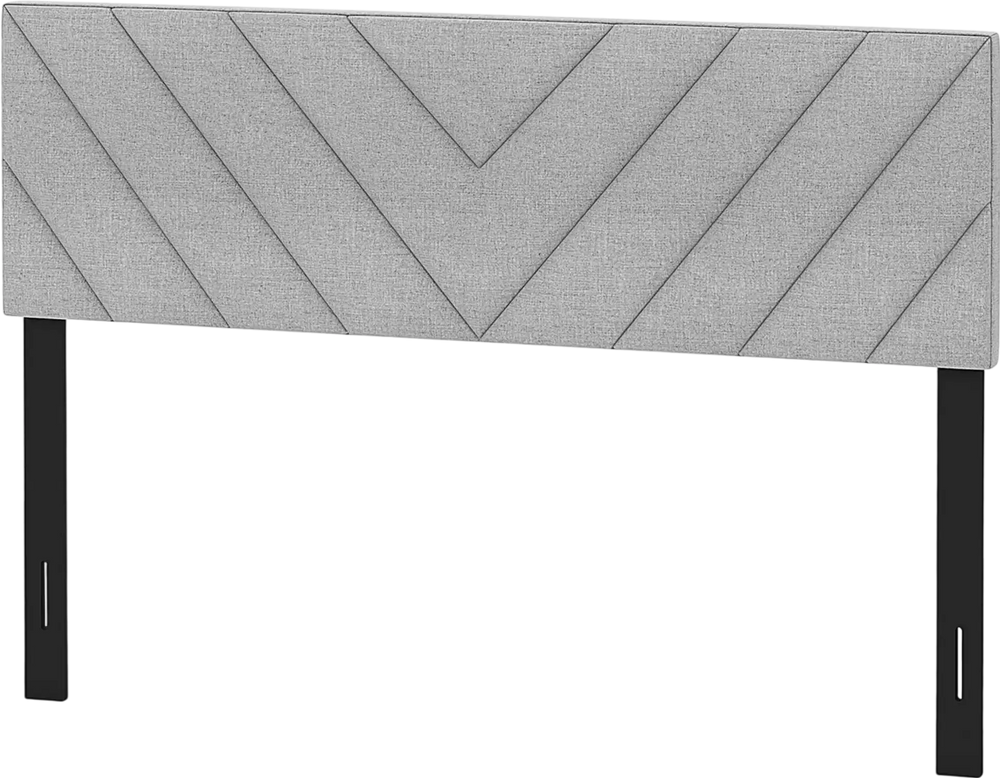 Gray linen upholstered headboard with chevron pattern, designed for full and queen size bed frames, offers modern.
