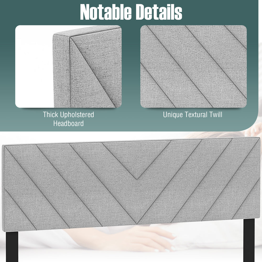 Gray linen upholstered headboard with unique textural twill and thick padding, suitable for full and queen size bed.