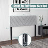 Gray linen upholstered headboard for full/queen size beds, featuring a modern design and solid rubber wood support legs.