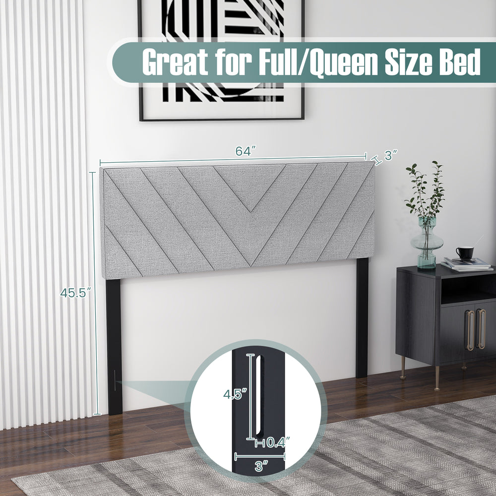 Gray linen upholstered headboard for full/queen size beds, featuring a modern design and solid rubber wood support legs.