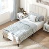 Twin size gray linen upholstered platform bed with adjustable headboard and elegant vertical channel design for comfort.