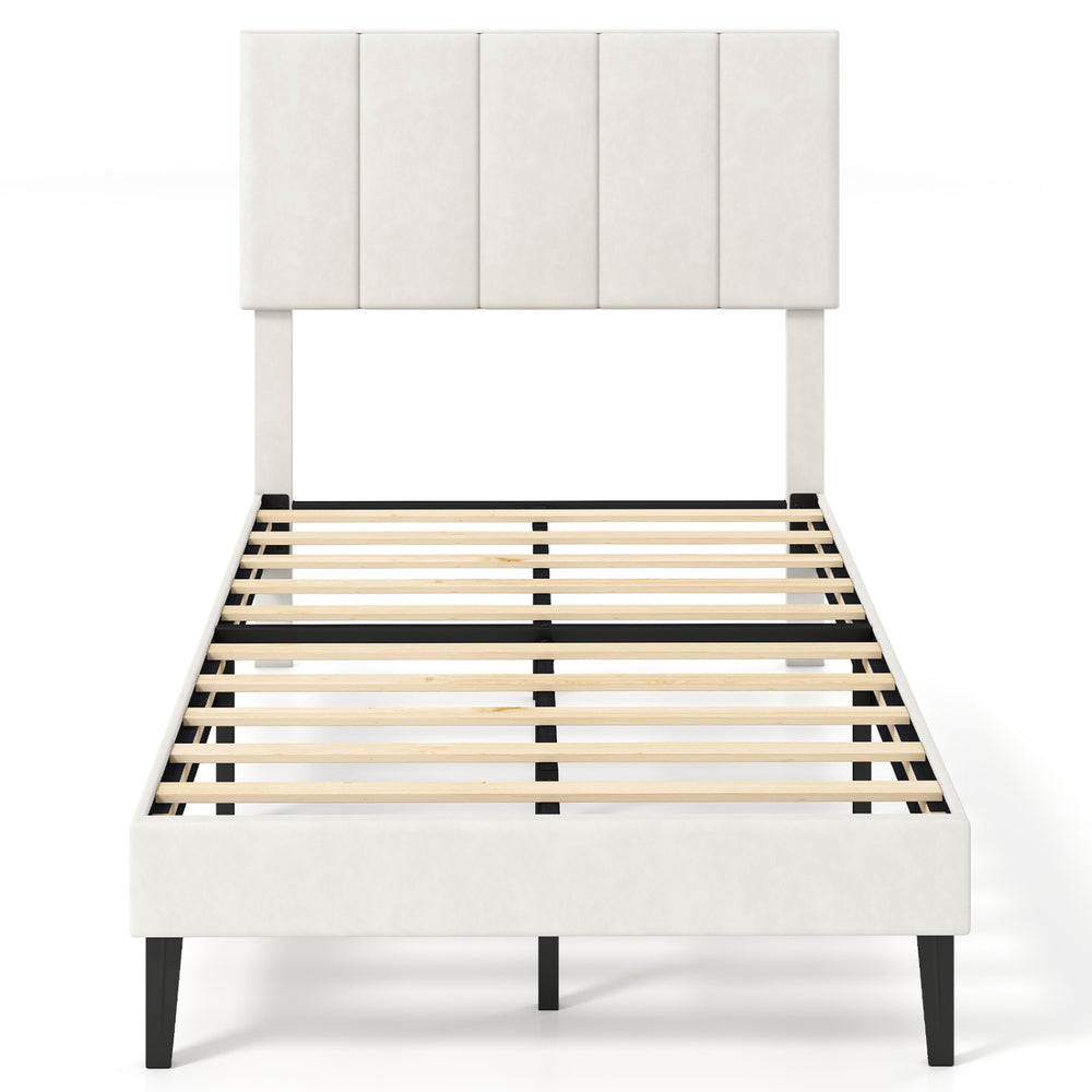 Gray linen upholstered twin platform bed with adjustable headboard and wooden slats for optimal comfort and support.