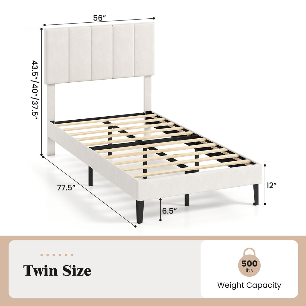Gray linen upholstered twin size platform bed with adjustable headboard and sturdy wooden slats for optimal support.