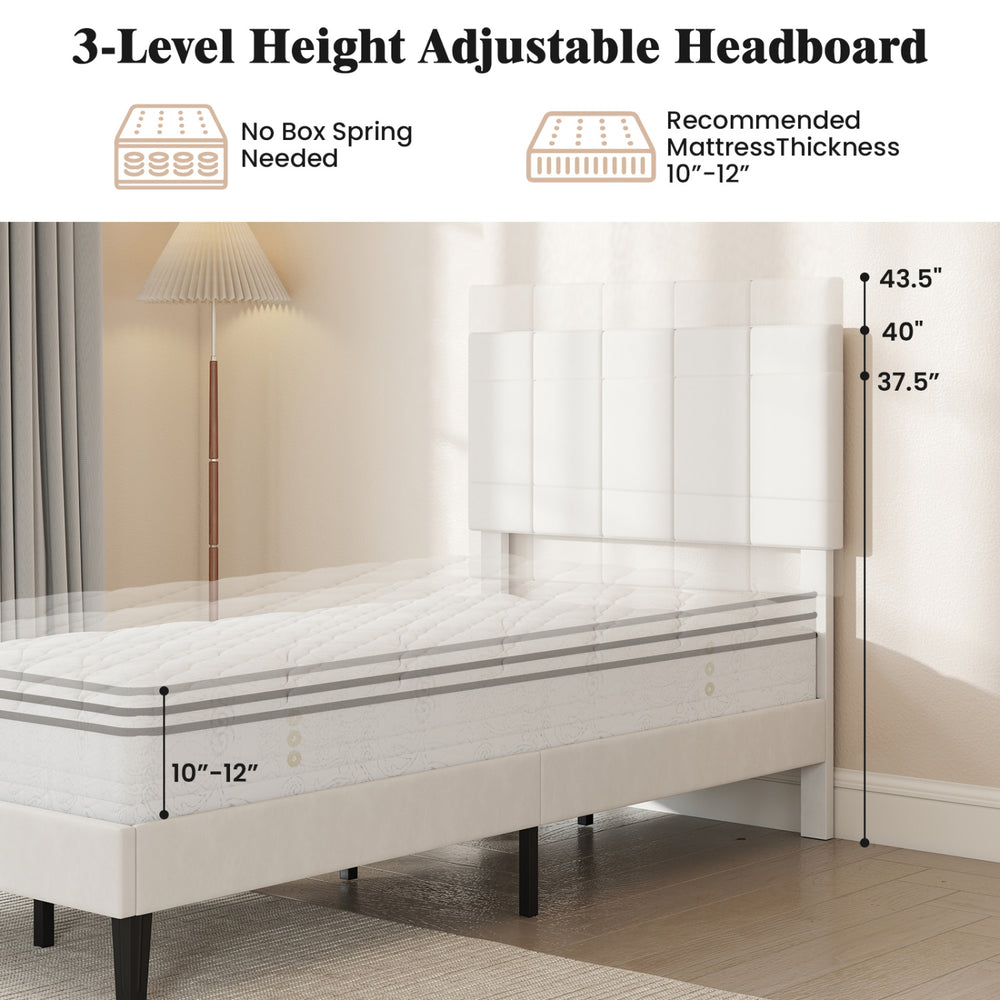 Gray linen upholstered platform bed with a 3-level height adjustable headboard, ideal for twin mattresses.