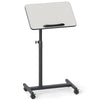 Gray overbed rolling table with adjustable height, 360° rotating tabletop, and wheeled base for easy mobility and use.