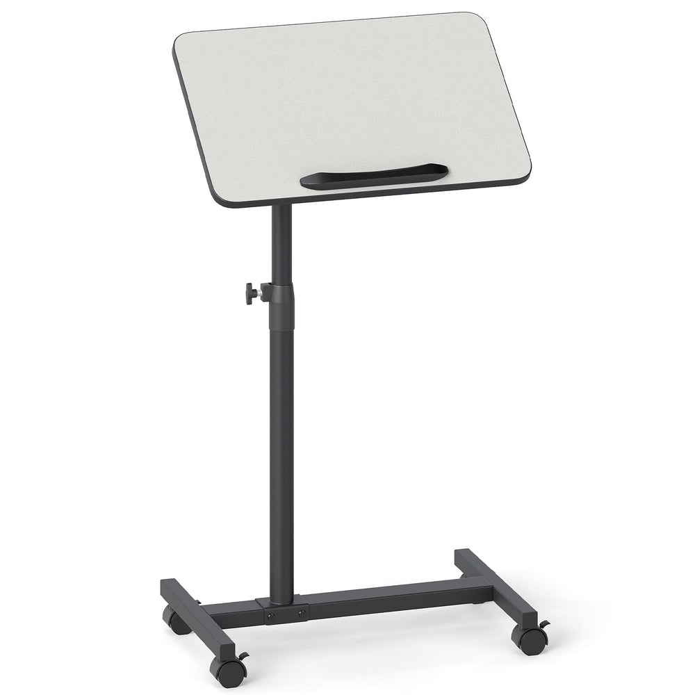 Gray overbed rolling table with adjustable height, 360° rotating tabletop, and wheeled base for easy mobility and use.