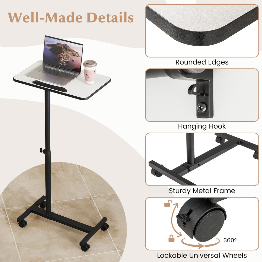 Gray overbed rolling table with adjustable height, 360° rotating tabletop, and sturdy metal frame for versatile use.