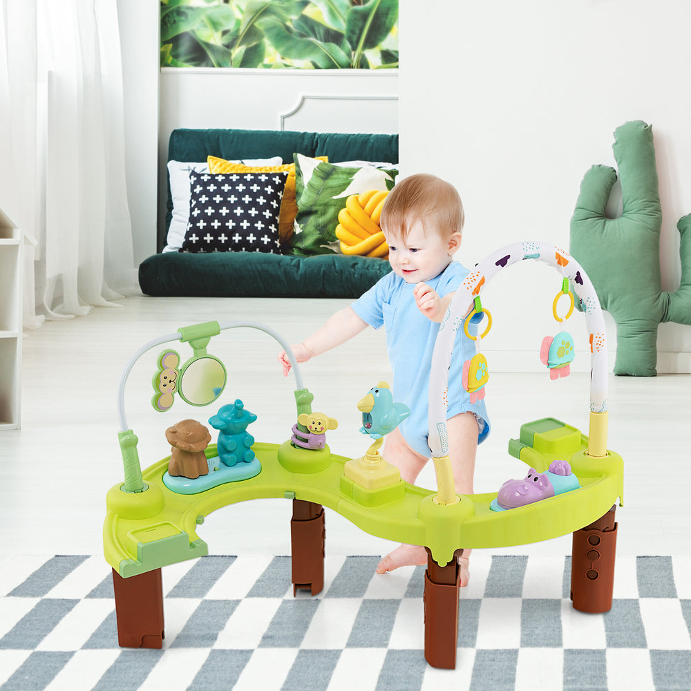 Baby activity center in green with toys, 3 height positions, and 360° rotatable seat for fun and development.