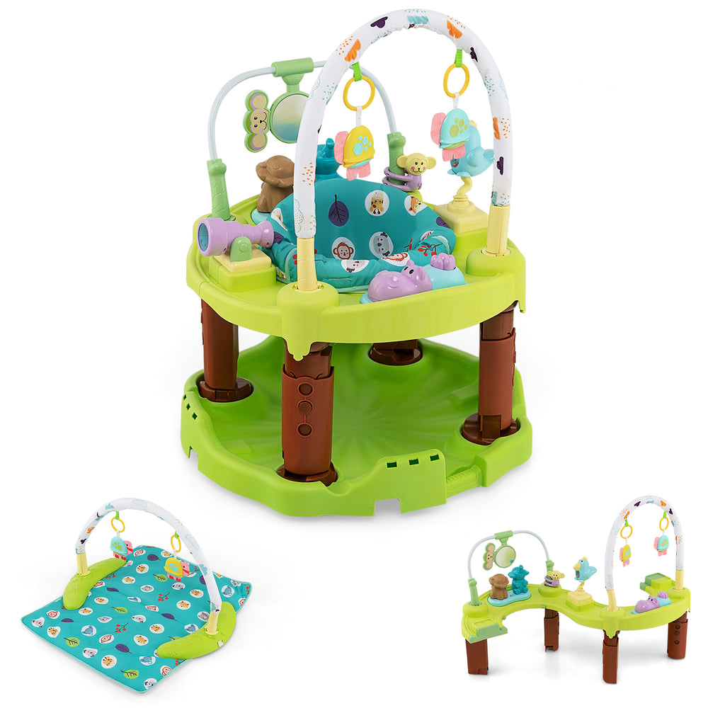 3-in-1 baby activity center in green, featuring a play mat, bouncing chair, and activity table for infants up to 24.