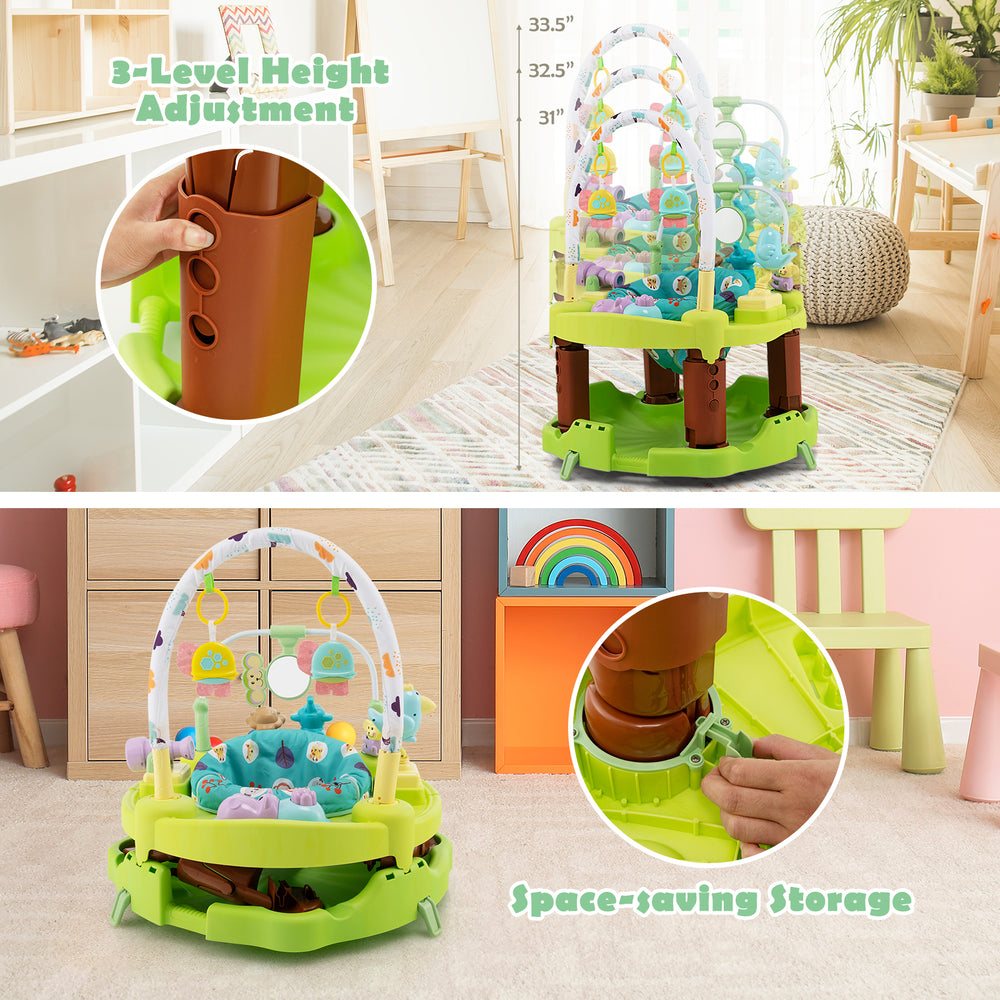 3-in-1 Baby Activity Center in green with 3 height adjustments, featuring toys and space-saving storage design.