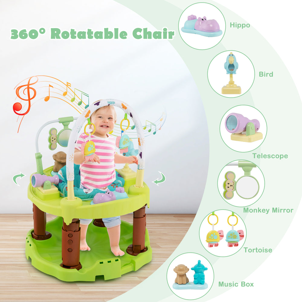 360° rotatable chair in green, featuring cute toys and music box, ideal for babies 0-24 months for play and development.
