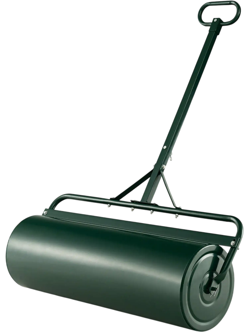 Metal lawn roller in green with detachable gripping handle, designed for easy push, pull, or tow behind a tractor.