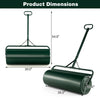Metal lawn roller dimensions showing a green, powder-coated finish with detachable handle for easy storage and use.