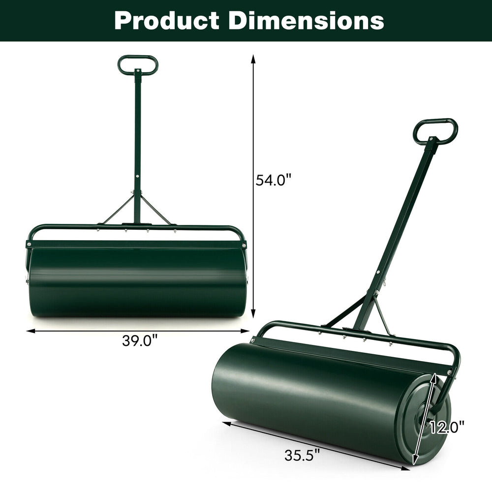 Metal lawn roller dimensions showing a green, powder-coated finish with detachable handle for easy storage and use.