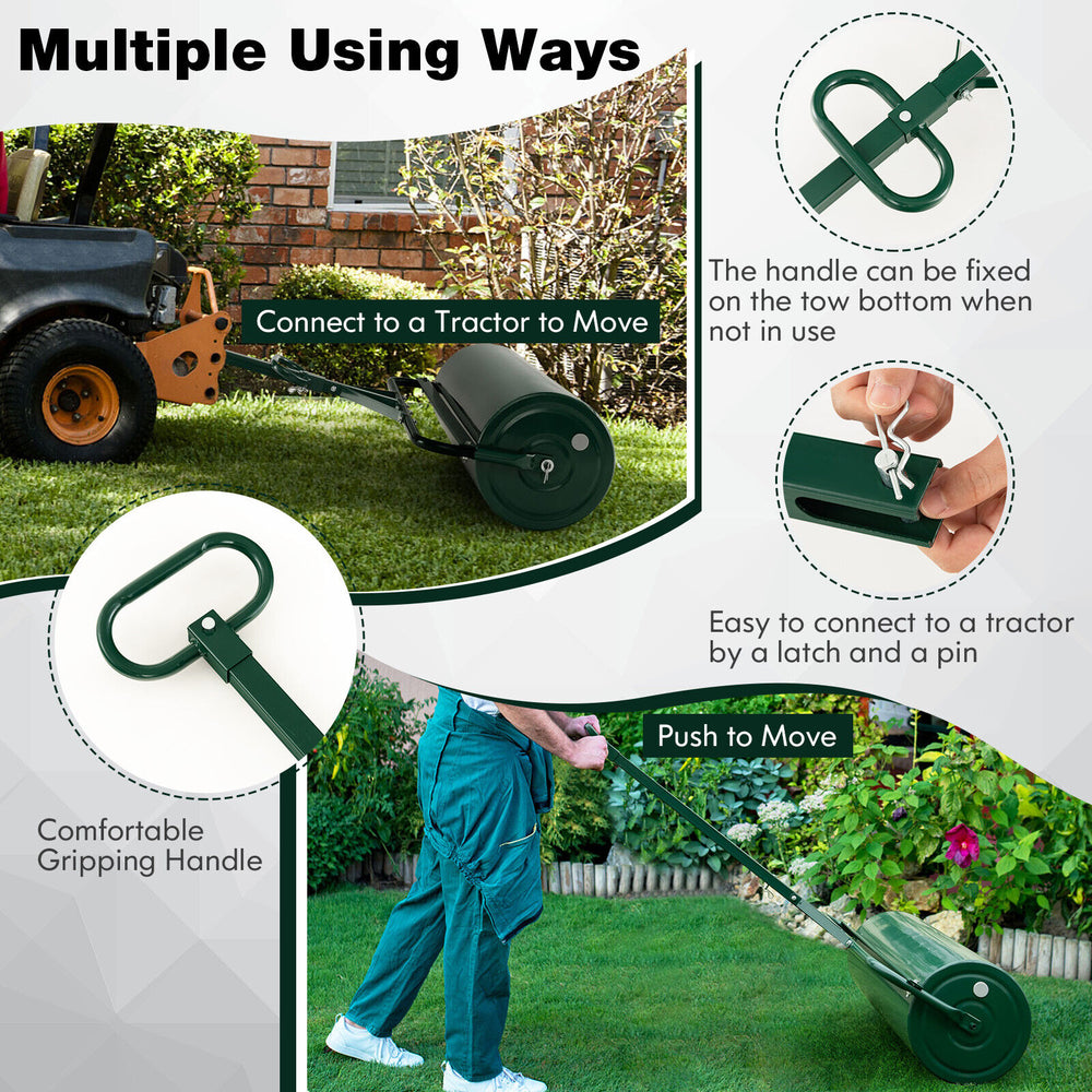 Detachable gripping handle on the green metal lawn roller, designed for easy towing with a tractor for efficient lawn.