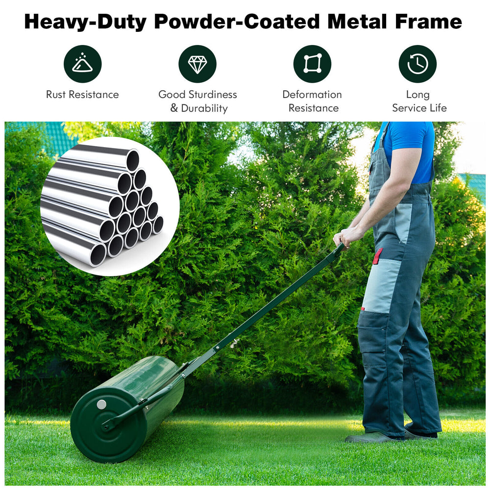 Metal lawn roller with detachable gripping handle, 17-gallon capacity, rust-resistant, ideal for yard and garden use.