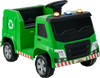 Green 12V kids ride-on garbage truck with warning lights, recycling box, and safety features for fun outdoor play.